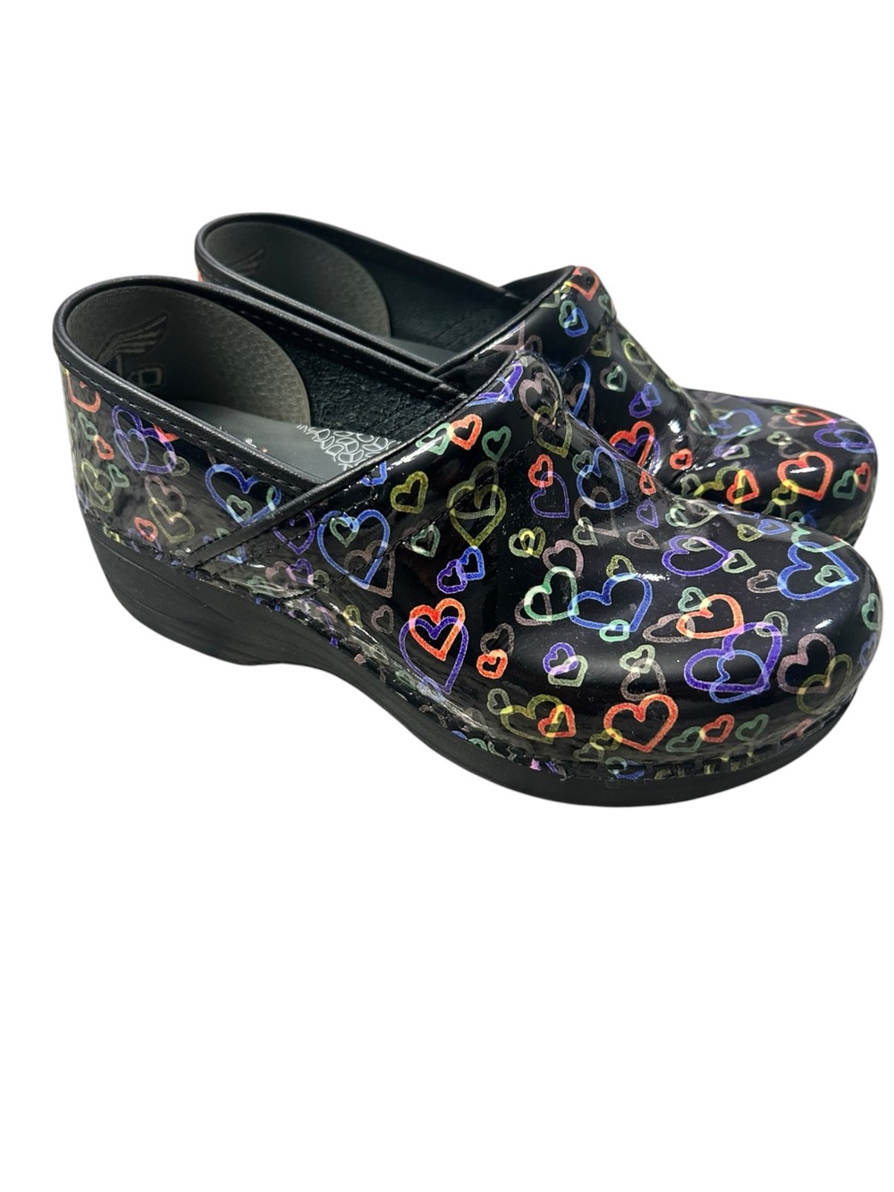 Dansko XP 2.0 Floating Hearts Black Patent Leather Women’s Clogs 38 (US 7.5-8)